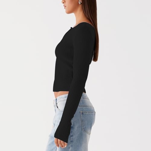 Image of Women Off Shoulder Long Sleeve Sweater Y2K Ribbed Knit Pullover Solid Crop Top Going Out Boat Neck Blouse