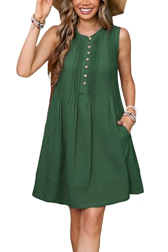 Image of R.Vivimos Sleeveless Cotton Casual Dresses for Women Summer 2026 Button Up Ruched Loose Tunic Mini Dress with Pockets