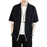 [foveitaa] 夏服 メンズ 和式 パーカー 七分袖 五分袖 半袖 メンズ 夏 大きいサイズ tシャツ 甚平 和風 羽織 和式 和柄 カーディガン コート 無地 ゆったり カジュアル 開襟シャツ 重ね着風 かっこいい トップス Black XL