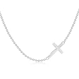 SISGEM 9 ct Gold Cross Necklace, Solid White Gold Sideway Cross with Diamond Cut, for Women Girls Ladies Mum Sisters, 14'+1'+1'
