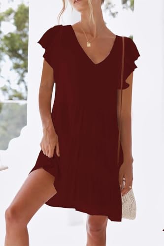 Image of nclook Womens Summer Casual Dresses Sweet Cute V Neck Mini Dress with Pockets Ruffle Short Sleeve