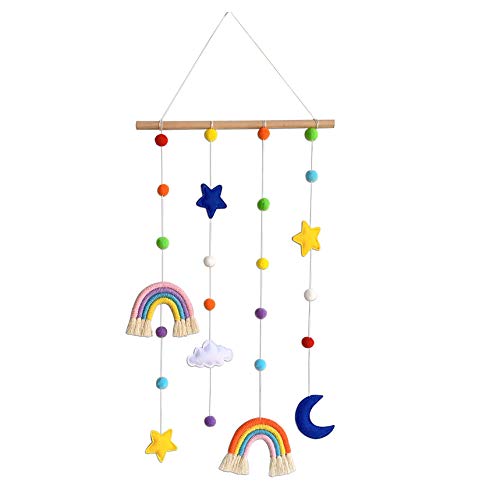 ZOONAI Hängende Foto-Display mit Pom Pom Stern Mond Wolke Regenbogen Wandbehang Bilder Dekor für Home Office Xmas Schlafzimmer Baby Kinderzimmer Dekoration 28 Holzklammern Cover