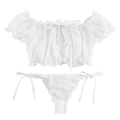 VicSec Damen Sexy Dessous-Sets Transparent Spitze Unterwäsche Set Lingerie Off Shoulder Babydoll BH and Slip Süße Polka-Punkte Push up Bikini...