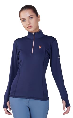 Preto Equestrian Baselayer Women’s Top Girls Long Sleeve Thumbhol Athletic Thermal Tshirts Riding Rider Apparel & Gear for Horseback Riding(Navy/Sorbet) - Image 3