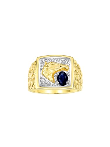 Image of Rylos Men's Yellow Gold-Plated Sterling Silver Lucky Nugget Horse Head Ring with 6X4MM Gemstone and Diamonds - Birthstone Elegance for Men, Sizes 8-13 Available