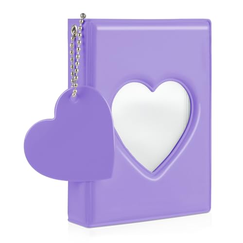 GEEHUA 3 Inch Mini Photo Album, Heart Hollow Card Binder with 32 Pockets, Purple Cute Photo Card Holder with Beaded Chain for Photocards Collection
