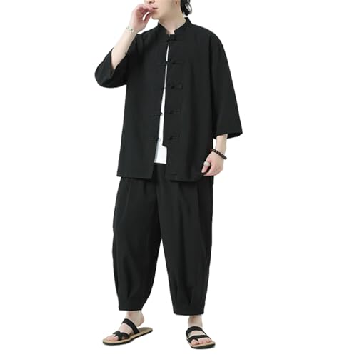 Ensemble d'été style chinois hommes pour vos loisirs | Chemise trois quarts coton noir taille M
