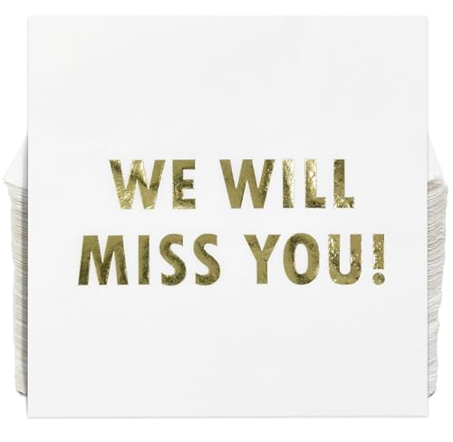 100 Pcs We Will Miss You Cocktail Napkins White Gold Foil Farewell Party Decor for Retirement, Graduation, Moving, Coworker Leaving, Goodbye Celebration