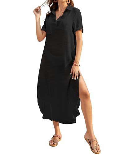 Bsubseach Womens Bathing Suit Cover Up V Neck Button Down Long Swimsuit Cover Up Short Sleeve Beach Shirt Dress with Pocket