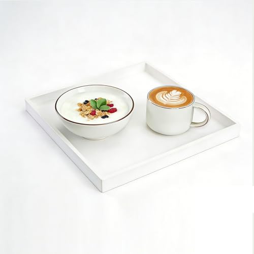 Image of Wooden Tray 20x20x2 cm Serving Tray White Tray Non Slip Trays Dinner Tray Small Trays for Eating on Lap Raised Edges & Lightweight Wooden Platters for Kitchen and Desk Organizer Square Breakfast Tray