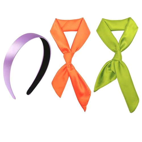 Generic XHBTS Costume Women Purple 1 Inch Wide Satin Headband and Green Silk Square Scarf Pure Color Head Scarf for Cosplay Party Set