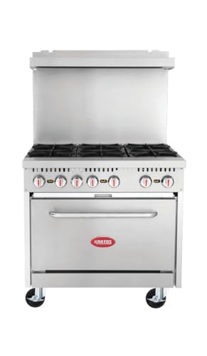 Image of Kratos 36 inch Commercial Gas Range & Oven, 6 Burners and Full Size Oven, Natural Gas, 210,000 BTU Output, Mobile Range for Restaurants