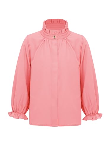 Kids Girls Solid Color Ruffle Trim Blouses Long Puff Sleeve Cuff Shirts Button Down Pullover Tops for 5-14 Years3