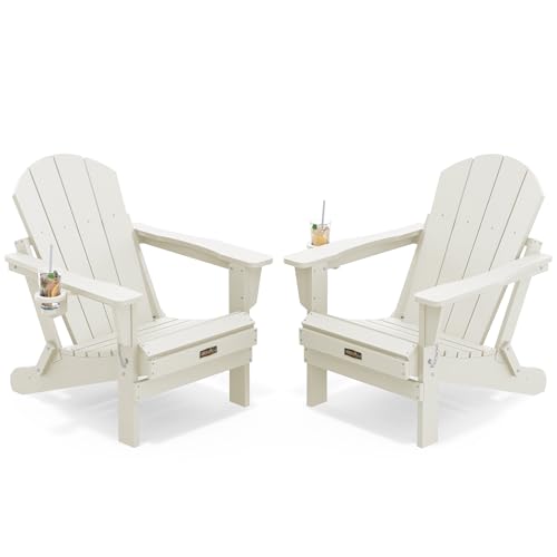 SERWALL Folding Adirondack Chair Set of 2, All Weather Patio Chair with with Cup Holder, Wood Texture, Fire Pit Chairs for Outdoor - White
