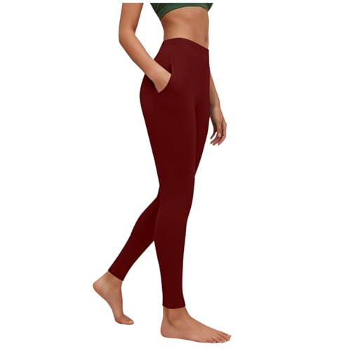Image of Women's Gym Leggings with Pockets High Waist Solid Yoga Leggings High Stretch Tummy Control Full Length Yoga Pants Non-See-Through Compression Activewear for Workout Running Loungewear Wine