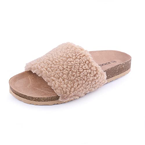 Women Fur Slippers Slides Slip On Fluffy Cork Footbed Flat Sandal Comfort Fuzzy Open Toe Casual House Shoes Light Brown 10