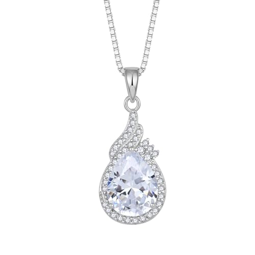 JO WISDOM Collar con Colgante en Forma de Lágrima Plata de ley 925 Piedra natal de Abril y Circonita Cúbica Joyería para Mujer