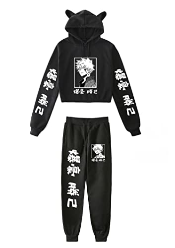 Anime Women Long Sleeve Hoodie Pant Set Pullover Sweatshirt Loose Casual Two Piece Hoodie Suit Cat Ear Tracksuit (Black A,Xl,X-Large) #TOP3