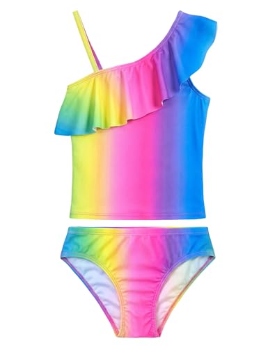 Image of Girls Tankini Swimsuit Two Piece Bathing Suit Colorful Toddler Kids Ruffle Swimwear Adjustable Strap Summer Beach