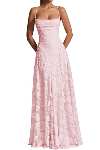 MIQILADUNA Women's Lace Wedding Dress Backless Floral Jacquard Maxi Spaghetti Strap Bridal Shower Formal Dress Blush Pink 6
