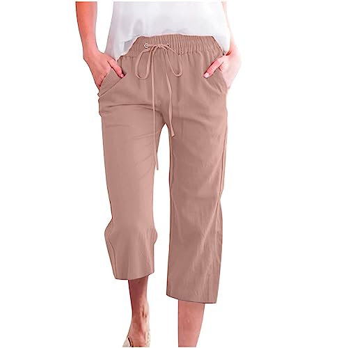 Linen Capri Pants for Women Summer Casual Capris Drawstring Waist Wide Leg Cropped Pant Plus Size Crop Trousers with Pocket
