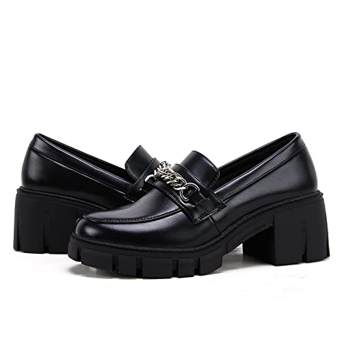 Image of TINSTREE Platform Loafers for Women with Chain Comfort Chunky Heel Slip On Round Toe Business Work Shoes