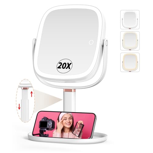Mocado Makeup Mirror with Lights, 1X/20X Magnifying Mirror with Light, Vanity Mirror with 3 Colors Lights, Height Adjustable Lighted Makeup Mirror, Double Sided 360°Rotation, Memory Function (White)
