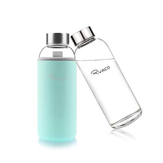 Ryaco Botella de Agua Cristal 450ml, Botella de Agua Reutilizable 15oz, Sin BPA Antideslizante Protección Neopreno Llevar Manga con Acero Inoxidable Tapas Elegante de Borosilicato Botella