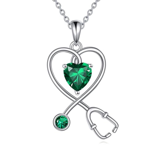 Nurse Necklace for Women 925 Sterling Silver Stethoscope Pendant Necklace Heart Birthstone Jewelry Gift