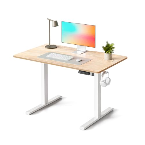 FEZIBO Escritorio eléctrico Regulable en Altura, 100 x 60 cm Escritorio de pie con Control de Memoria y tecnología anticolisión, Marco Blanco/Superficie chapada en Roble Moteado