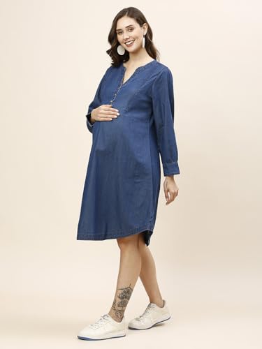 Image of MomToBe Women's Denim Maternity Dress with Zippers for Nursing Pre and Post Pregnancy