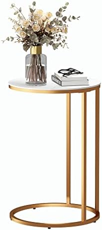 ALFABC Upgraded Round C Shaped End Table with Sintered Stone Desktop, Rock Plat Snack Side Table Bed Table Slide Under Sofa Couch, for Coffee Laptop Living Room Bedroom Small Space, 16" D x 24" H