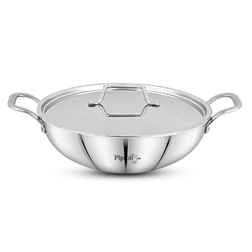 Image of Pigeon Tristeel Triply Stainless Steel Kadai 5900ml (30cm) with Lid | ISI Marked Jumbo Kadhai for Induction & Gas | Heavy Bottom Rust-Free Cookware