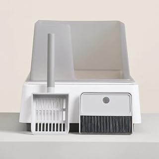 Modern Litter Box - Minimalist Designer Cat Litter Box - Cove Litter Box - Large Open Top - High Sided Walls - Tuft + Paw Anti-Stick Plastic. Includes Integrated Scoop, Dustpan, and Brush