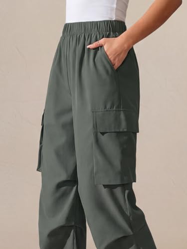 Image of GRECIILOOKS High Waist Cotton Trousers for Women - Flared Parachute Pants with Side Pockets | Casual Travel Cargo Pants