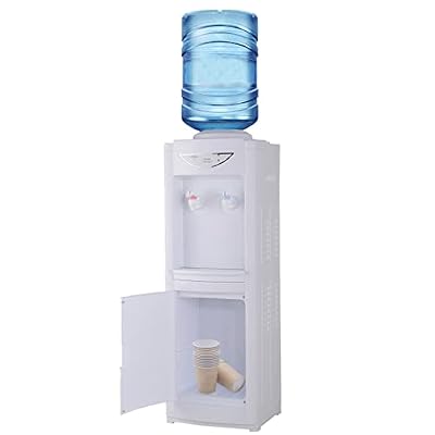 Water Cooler Dispenser for 5 Gallon Bottle, Top Loading Hot & Cold Water Freestanding Electric Water Cooler Child Safety Lock for Indoor Home Office Use with Storage Cabinet, White