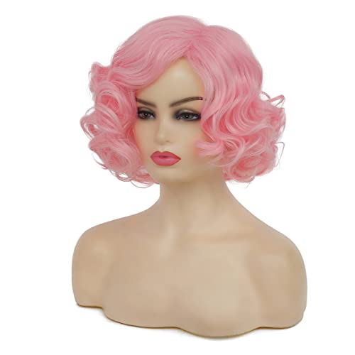 Baruisi Short Curly Pink Wigs for Women Synthetic Natural Wavy Costume Cosplay Party Wig,Pink - Image 2