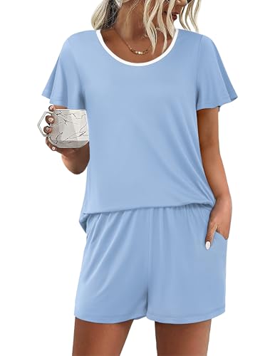 Image of Ekouaer Womens Pajama Set Summer Short Sleeve Pjs Sleepwear Cute 2 Piece Lounge Sets S-XXL