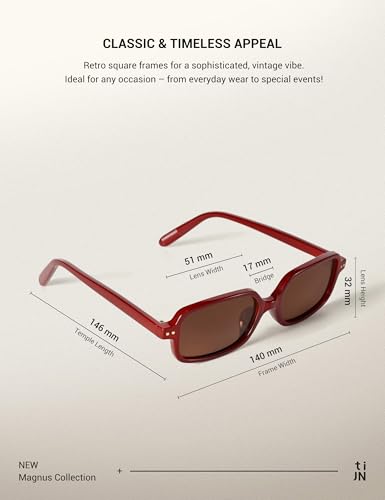 TIJN Retro Rectangular Sunglasses for Women,Vintage 90s Style,Trendy Lightweight UV Protection,Fashion Square Frame,Dark Red