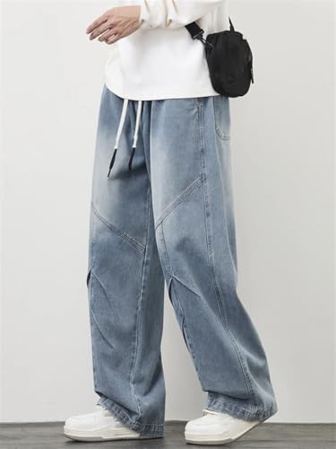 Men's Jeans Drawstring Wide Leg Straight Washed Cotton Denim Pants Casual Baggy Trousers2