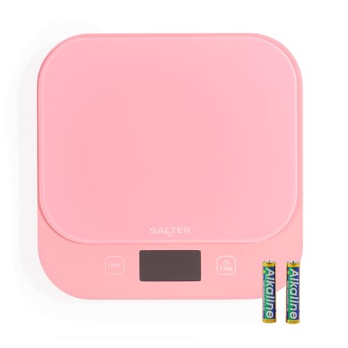 Salter British Bakes Balanza de Cocina Digital – Alta Capacidad de 10 kg, Mide Líquidos, Resistente al Agua, Función Tara, Plataforma de Vidrio, Precisión de 1g, Pantalla Iluminada, Rosa