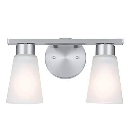 Image of Kichler Stamos 2-Light Bathroom Vanity Light Fixture with Satin Etched Glass Shades, Modern Wall Mount in Brushed Nickel for Mirror Lighting (13 x 8 x 5 in), 45887NI