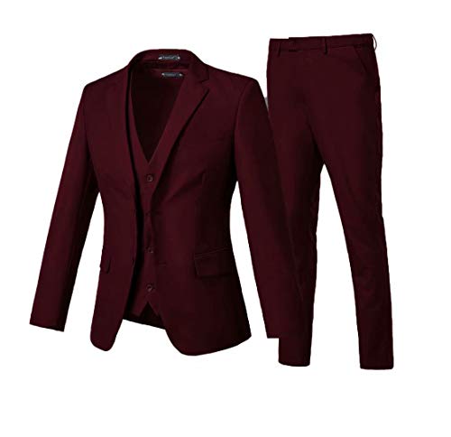 Yanlu Suits for Men Burgundy 3 Pieces Notch Lapel Slim Fit Prom Suits Tuxedos for Men Jacket Vest and Pant Business Wedding Suits bg-4640