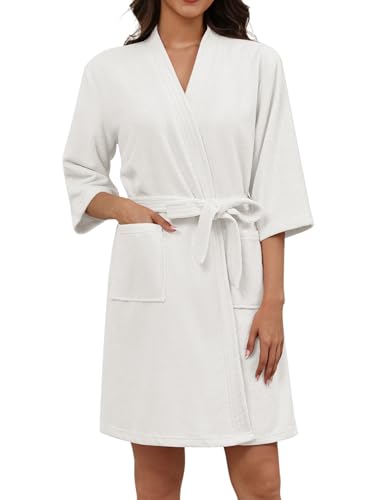 Ekouaer Women Terry Cloth Robes Absorbent Towel Robe Knee Length Soft Bathrobe 3/4 Sleeve Spa Robe with Pockets S-2XL