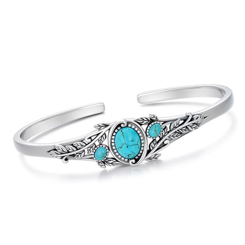 Genuine Turquoise Leaf Boho Bracelet, Sterling Silver Native American Adjustable Bangle Cuff Jewelry for Women, Fit for 6.5 7 7.5 Inches
