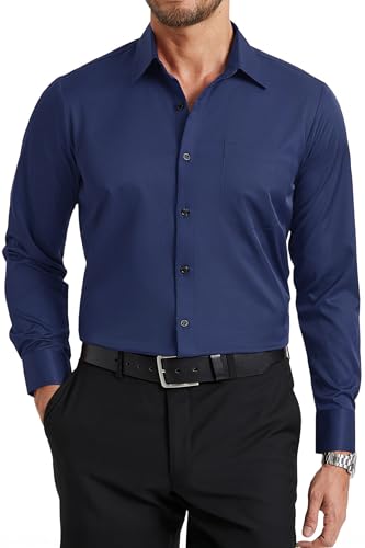 Enlision Chemise Bleu Marine Homme Manches Longues Extensible sans Repassage Infroissable Coupe Classique Boutons Poche Bureau Mariage Tenue Formelle M
