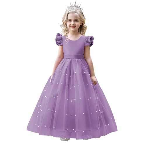 Flower Girl Dress Flying Sleeve Girls Pageant Dresses Pearls Tulle First Communion Dress V-Back Wedding Formal Ball Gown with Bow, Wisteria 7