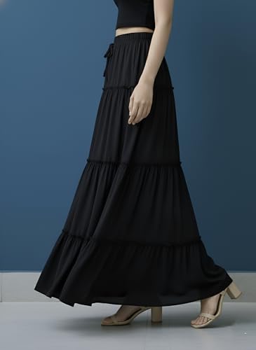 Image of Women's Rayon Full Length Maxi Skirt | Solid Black & White Regular Fit Skirt with Elasticated Waistband and Drawstring