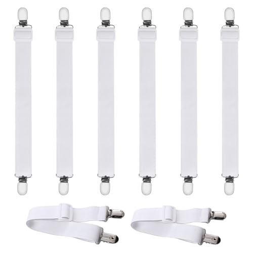 ZOCONE 8 Piezas Sujetadores para Sábanas, (Rango de Extrusión 50-180cm) Sujetadores de Hojas Ajustable Tensor de Sábanas Elásticas Blanco Sujeta Sabanas Bajeras Pinzas para Colchones Fundas de Sofá