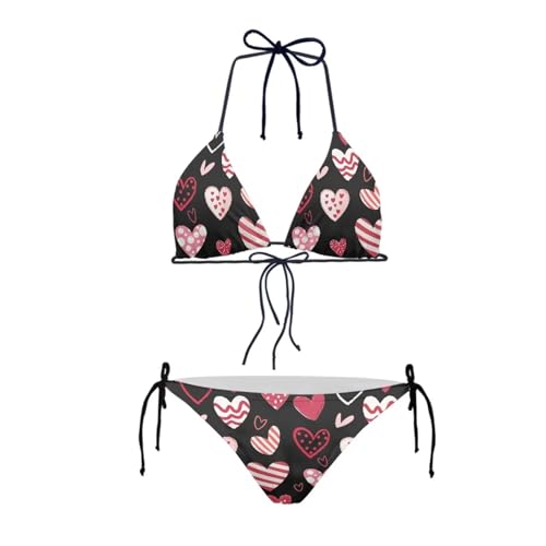 Annejudy Conjunto de bikini halter de 2 piezas para mujer, traje de baño triangular con lazo lateral, patrón de corazones, XXL